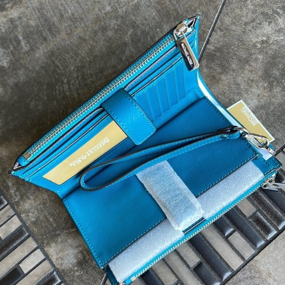 Michael Kors Large Double Zip Leather Wallet Wristlet Phone Case Lagoon - Picture 7 of 16